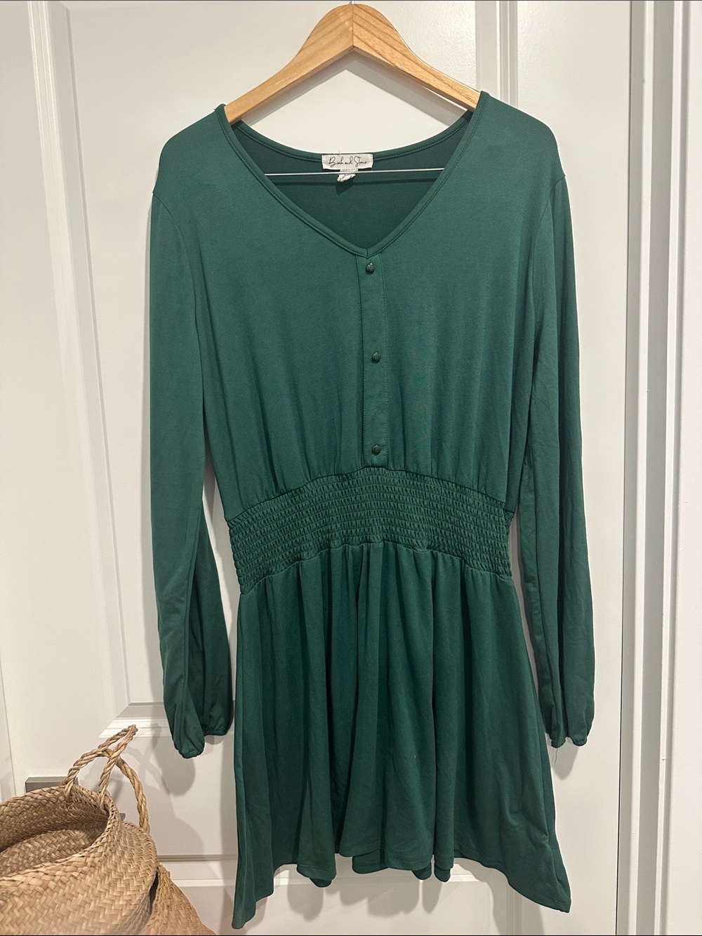 V-Neck Smocked Waist Long-Sleeve Dress in Forest Green
